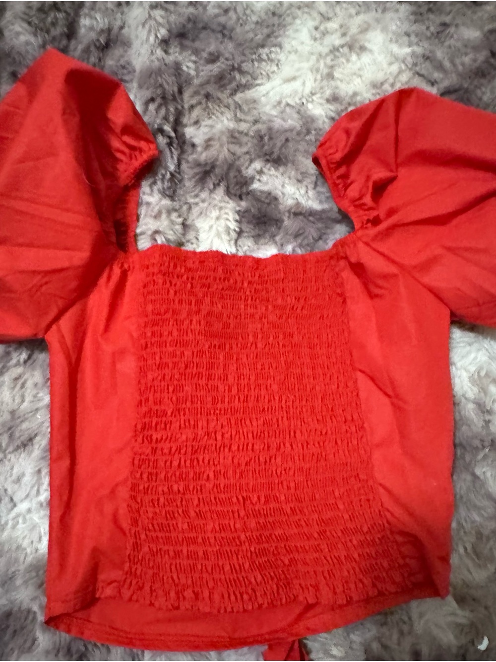 Haute Monde Red Smocked Puff-Sleeve Crop Top